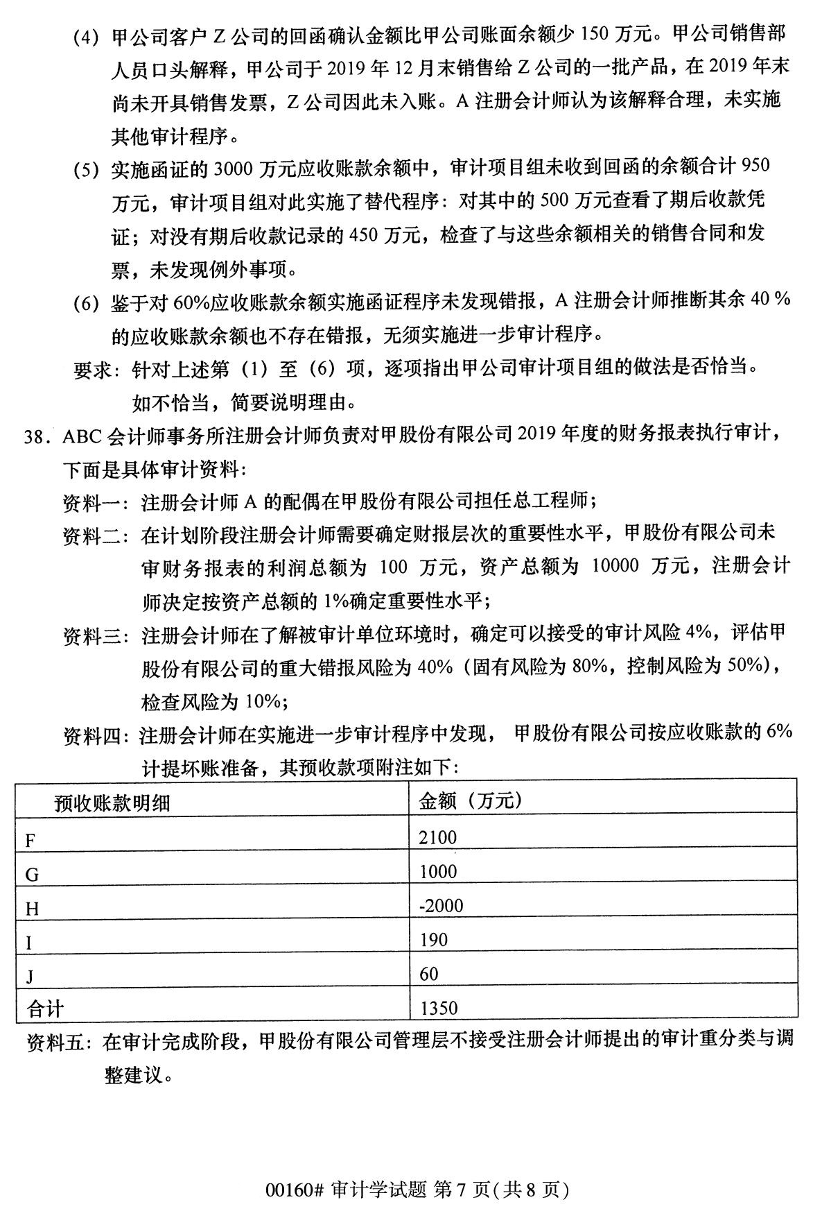 浙江自考備考：2020年8月自00160審計學試題7